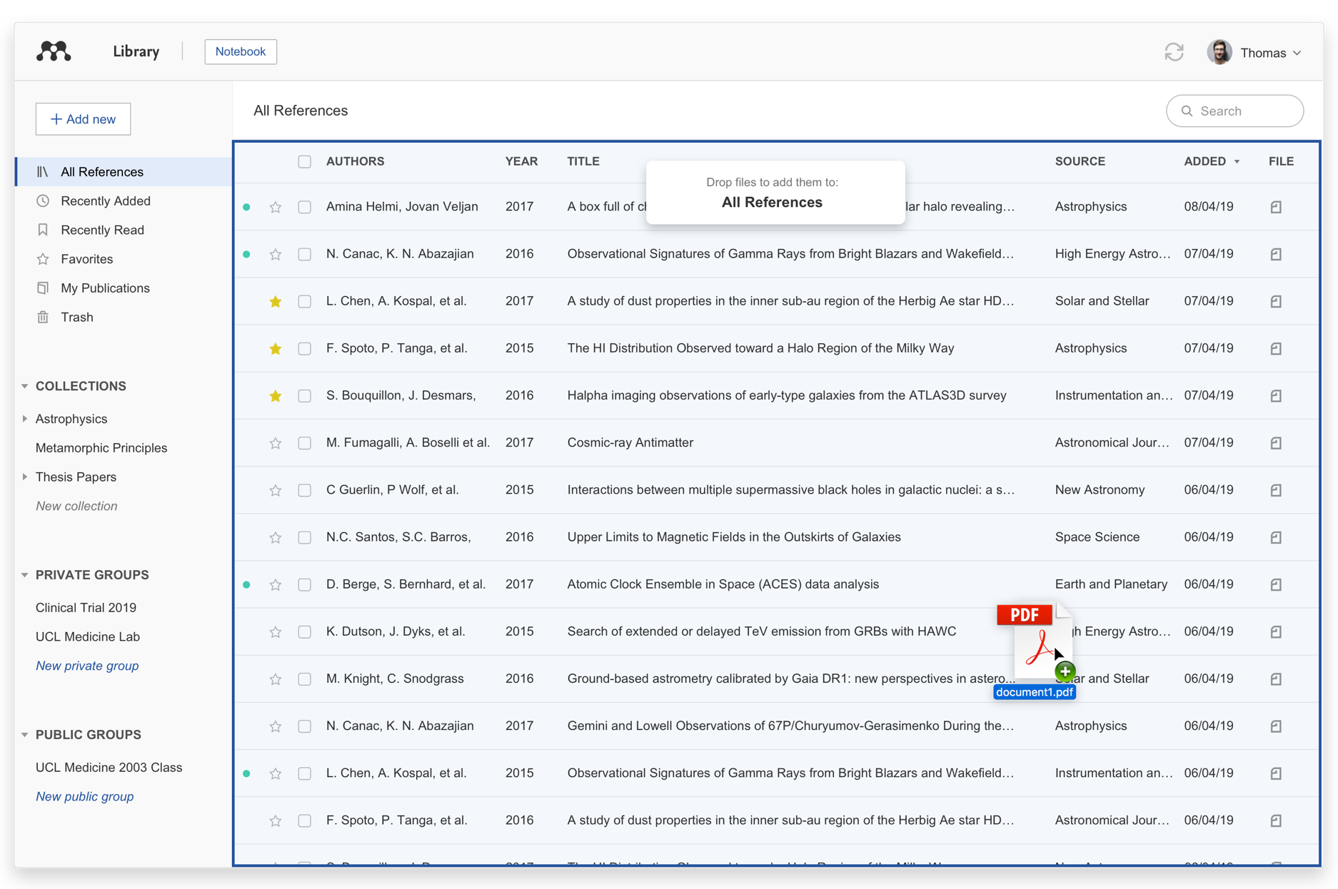 A PDF file being draggred over the Mendeley library