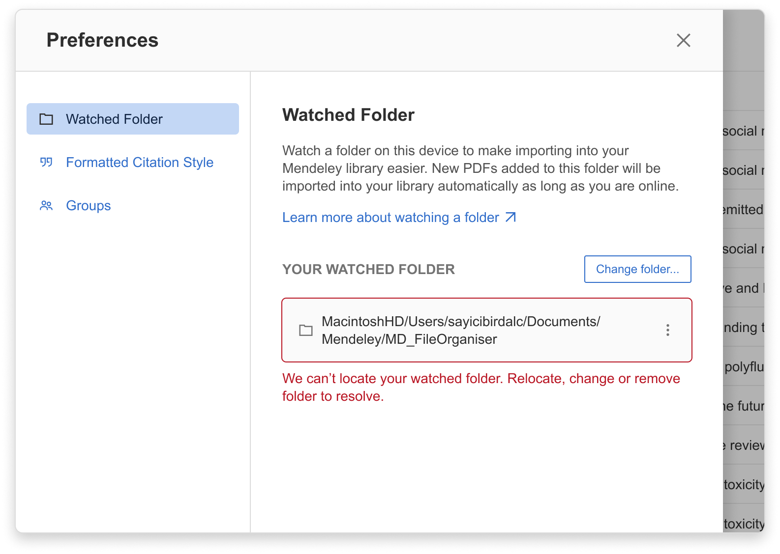 Error message example on renaming or changing the location of the watched folder